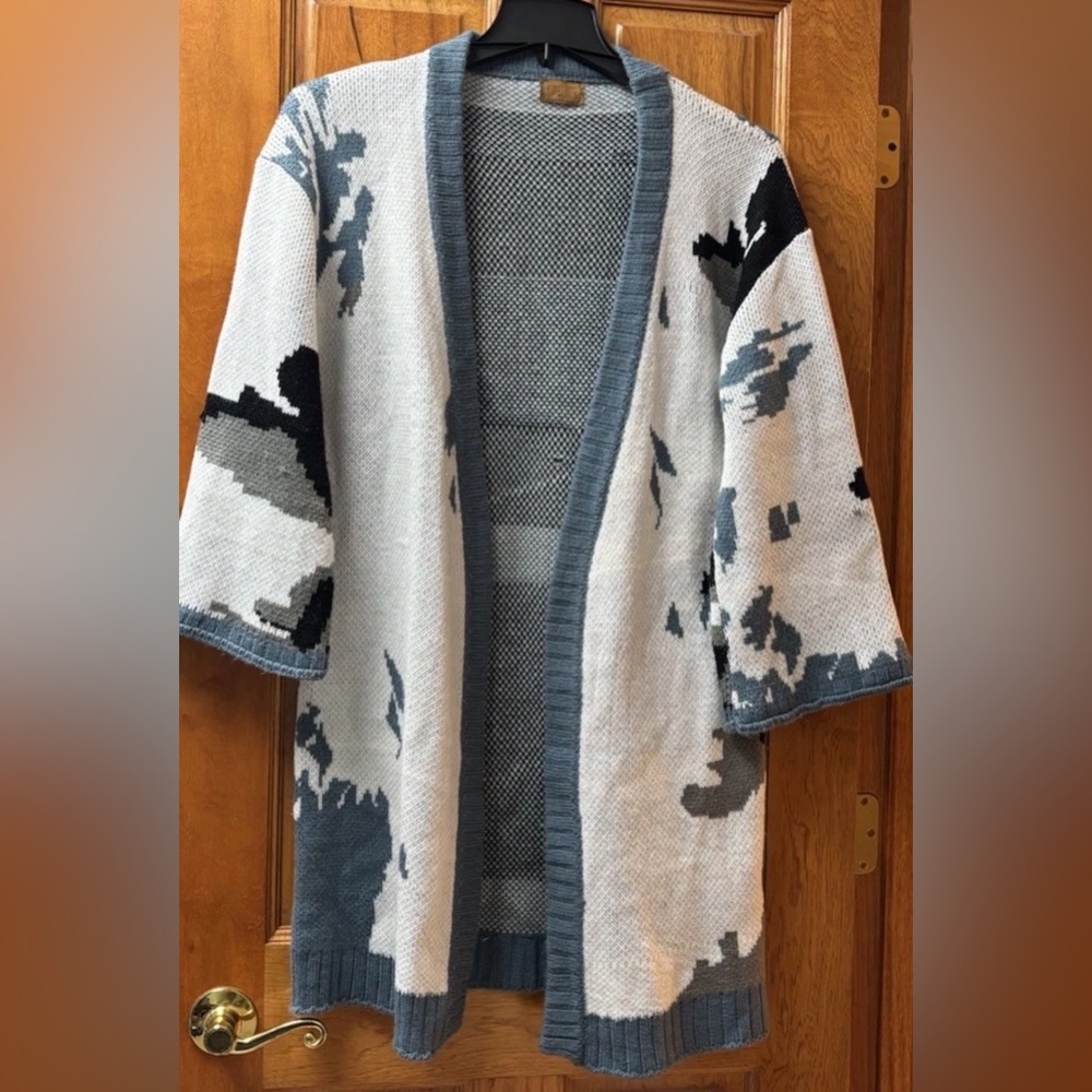 POL Anthropologie Abstract Teal/Black Open Cardigan Duster Sweater Sz S